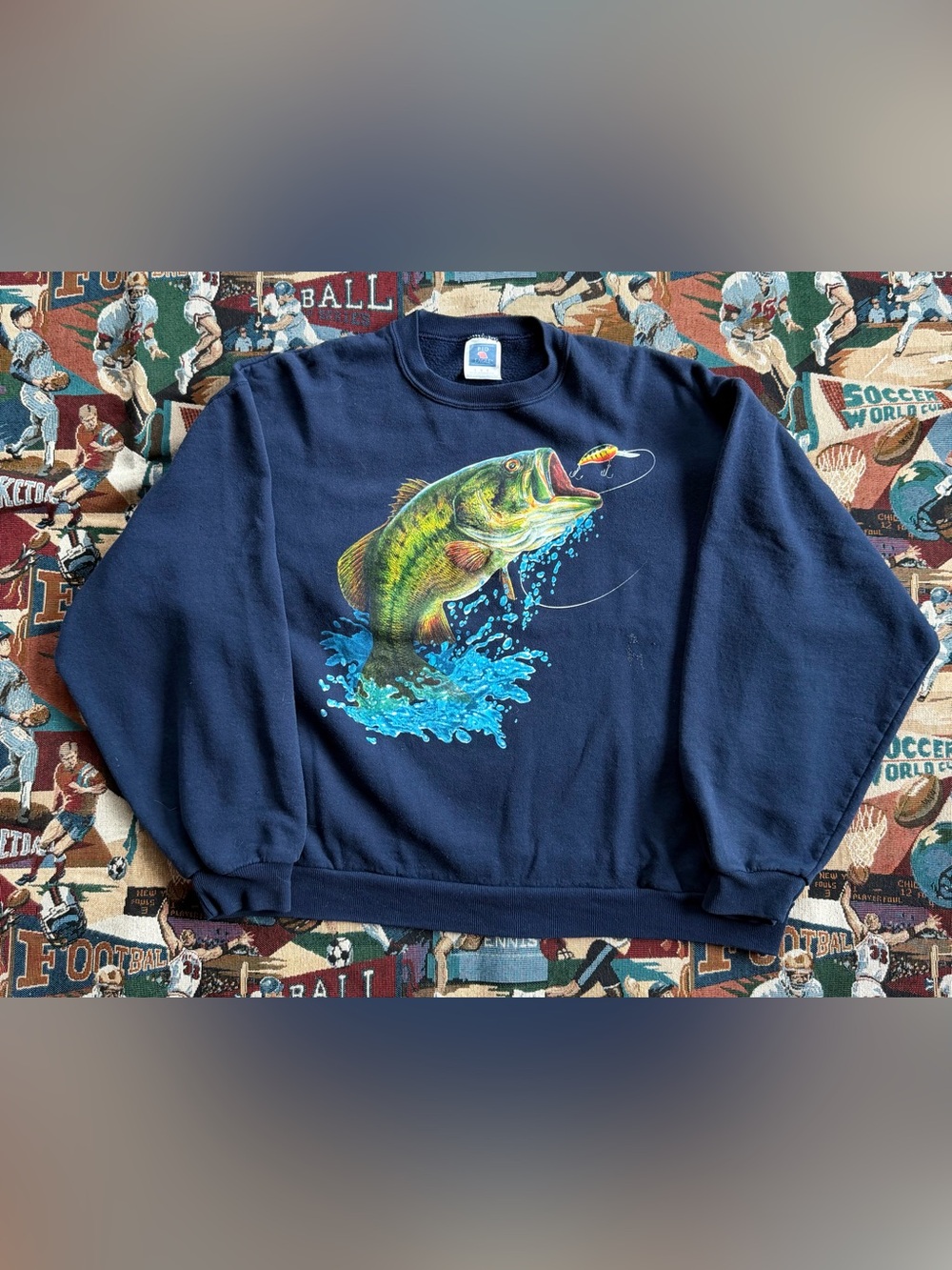 Vintage 90s Men’s Red Eagle Big Bass Navy Blue Graphic Sweatshirt